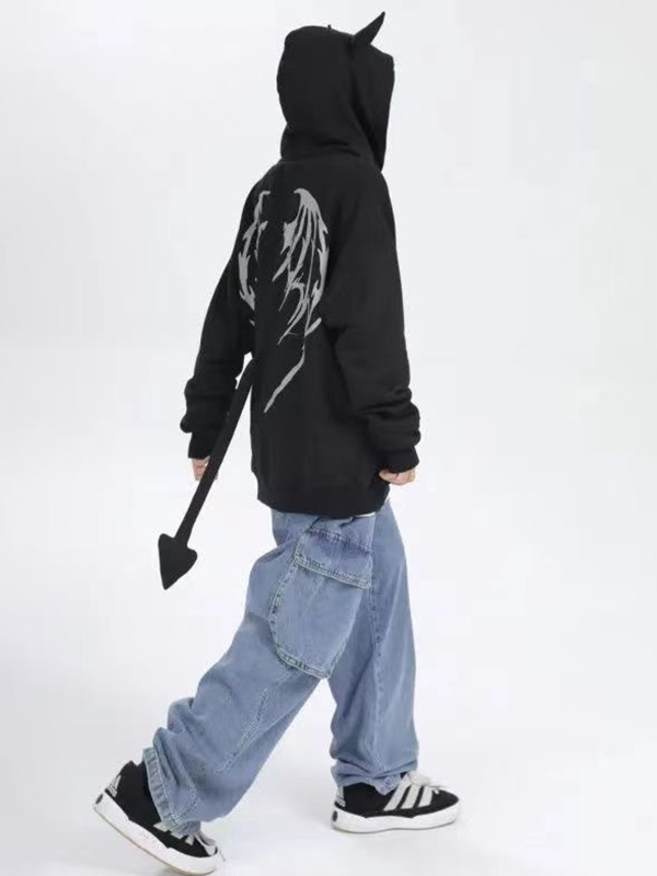 Men's Devil Styling Wing Print Fleece Oversized Hoodie-2