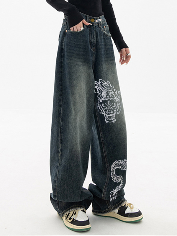 Vintage Dragon Print Boyfriend Jeans-3