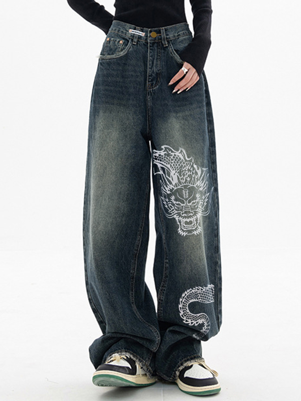 Vintage Dragon Print Boyfriend Jeans-1