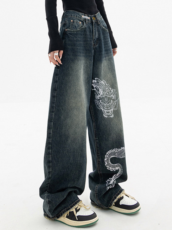 Vintage Dragon Print Boyfriend Jeans-2