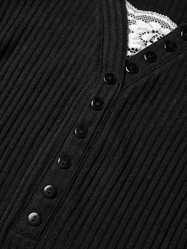 Lace Paneled Button Long Sleeve Knit Top-6