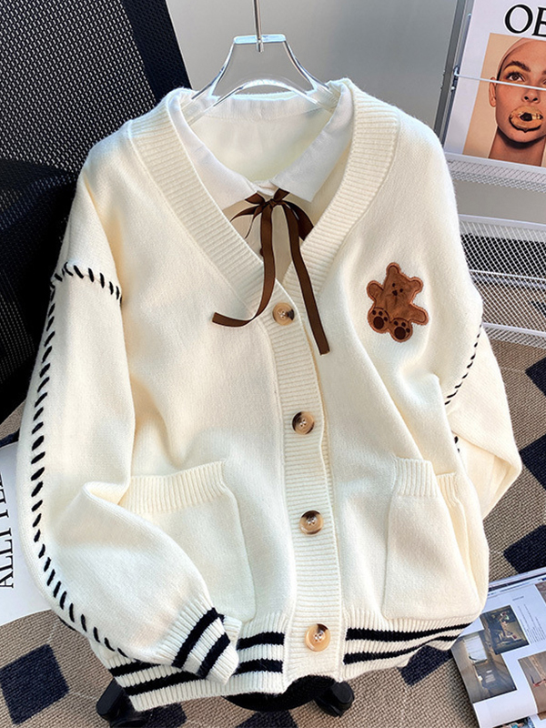 Preppy Bear Embroidery Seam Detail V Neck Knit Cardigan-2