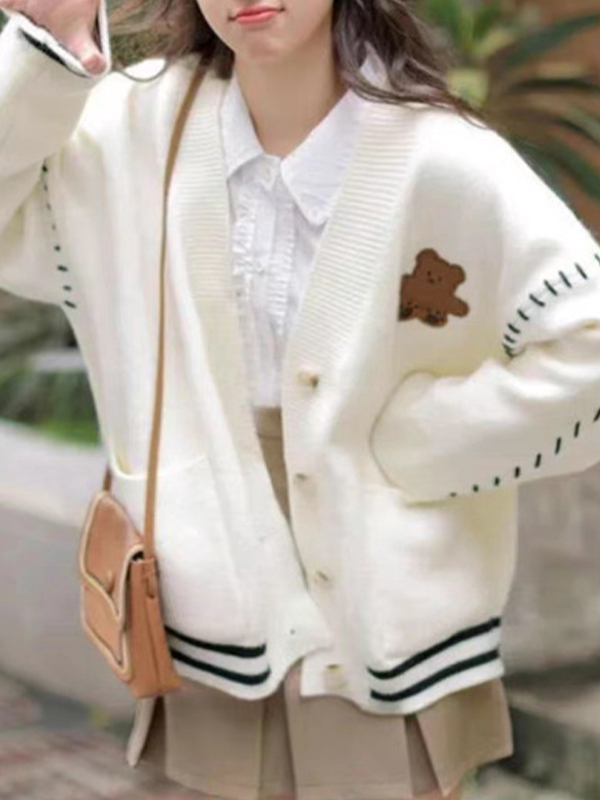 Preppy Bear Embroidery Seam Detail V Neck Knit Cardigan-1